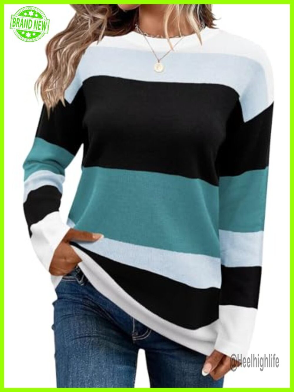 Striped Knit Sweater Crew Neck Long Sleeve Pullover Top